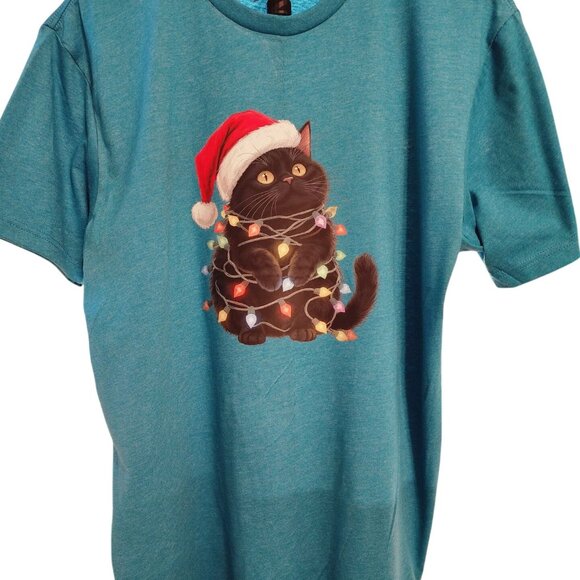 Urban Allure Tops - Black Cat Christmas Lights T-Shirt – Cute Holiday Kitty Santa Hat Tee – Funny Fe